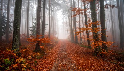 Foggy forest path covered in vibrant autumn leaves, framed by tall trees with mist in the background