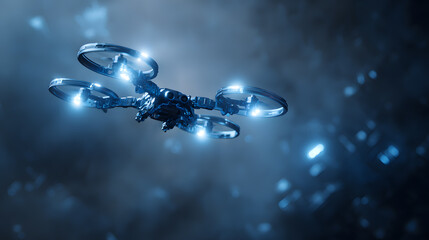 Futuristic Drone with Glowing Blue Lights in Dark Sky