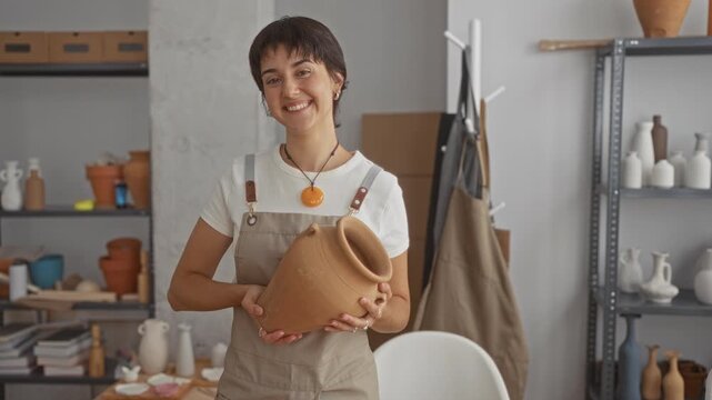 Young woman holding clay pot with hands, smiling and tilting head in a pottery studio; serenity craft.