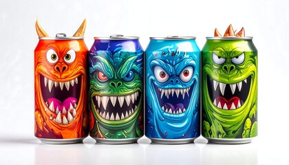 Four colorful drink cans featuring ferocious cartoon monster faces with menacing grins, horns and sharp teeth