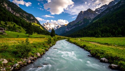 Mountain river winds through a lush valley under a bright, cloudy sky, framed by forested slopes and snow-capped peaks