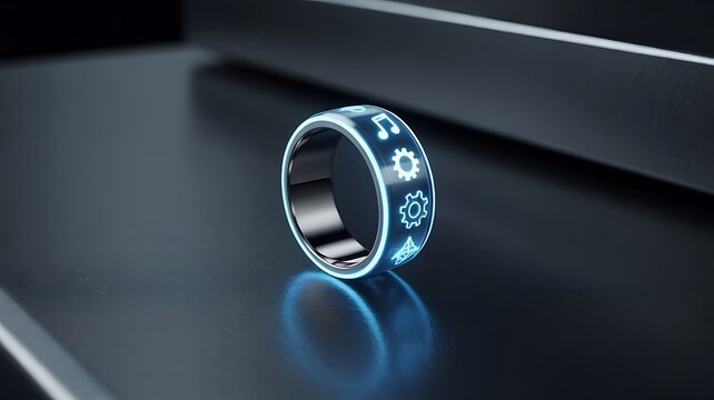 Smart ring with glowing blue icons on a dark surface , ring, smart ring, wearable technology, technology, futuristic, digital