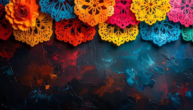 Colorful paper cutouts border top on textured dark background with vibrant paint spatter accents