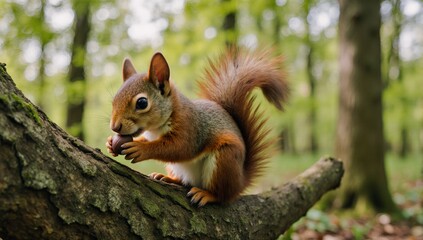 Cute red squirrel feeding on a nut in a green spring forest wild animal with long ears and fluffy tail nature panorama