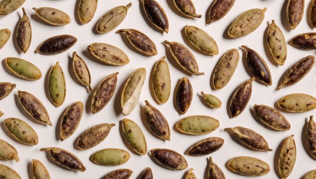 Pumpkin seeds or pepitas in a top view flat lay isolated on white background