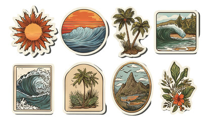 Fototapeta premium Vintage Summer Elements with Retro Illustrations of Waves and Palm Trees