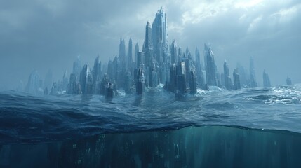 Futuristic submerged cityscape emerging from ocean under cloudy sky, showcasing advanced architecture and dramatic seascape