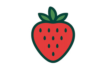 Red strawberry fruit icon with green leaves and seeds, simple line drawing, fresh healthy food symbol