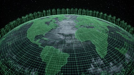 Futuristic Digital Earth Model with Network Lines and Grid Nodes Representing Global Connectivity in a Starry Background