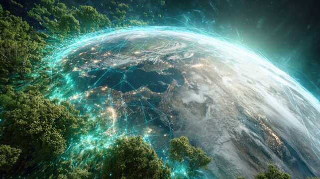 Futuristic View of Earth from Space with Digital Connections and Green Forest Elements Representing Global Technology and Nature