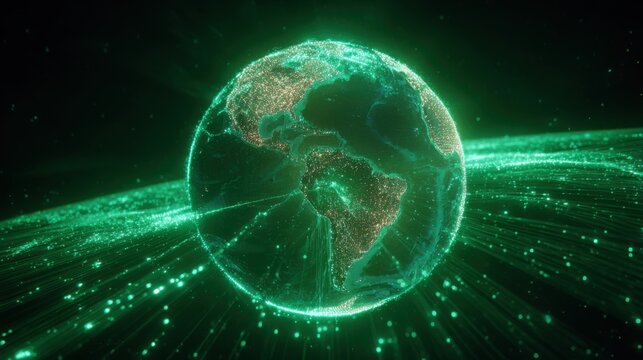 Visual representation of glowing Earth with green digital network connections and data flow in a futuristic style