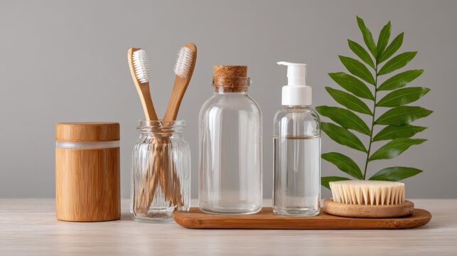 Natural Bathroom Accessories Arrangement with Bamboo Toothbrushes and Essential Oils on Wooden Tray - Powered by Adobe