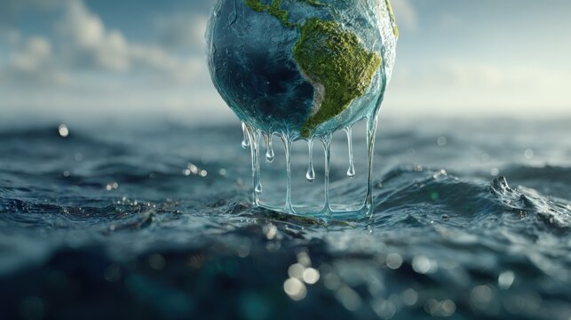 Planet Earth melting in the ocean with water droplets reflecting climate change and environmental impact on our world - Powered by Adobe