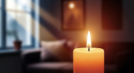 Warm candle flame glowing in a cozy room with soft lighting and blurred background.