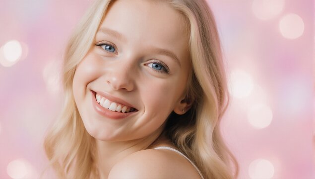 A photorealistic portrait showcases a young woman with blonde hair and blue eyes making a kissy face against a pastel pink background