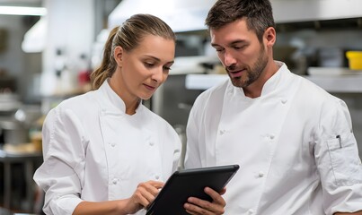 a two chefs, a female chef holding a tablet and explaining teh data on the tablet to a male chef, both are looking at the tablet in a restaurant kitchen