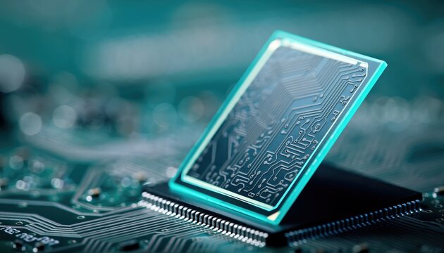 A glowing blue microchip showcasing intricate circuitry on a sophisticated electronic board