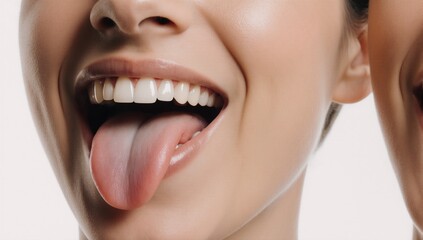 Obraz premium Close-up shot of a womans open mouth showcasing her tongue and teeth against minimalist backdrop ideal for medical or dental imagery