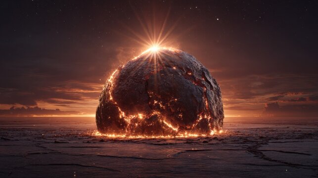 Glowing Celestial Body Erupting from Cracked Landscape Under Starry Sky at Dawn in Futuristic Sci-Fi Concept