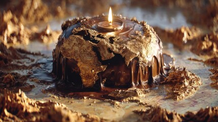 Artistic representation of a melting chocolate globe candle with textured golden landscape and soft lighting in a creative setting