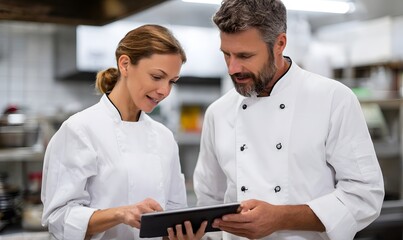 a two chefs, a female chef holding a tablet and explaining teh data on the tablet to a male chef, both are looking at the tablet in a restaurant kitchen