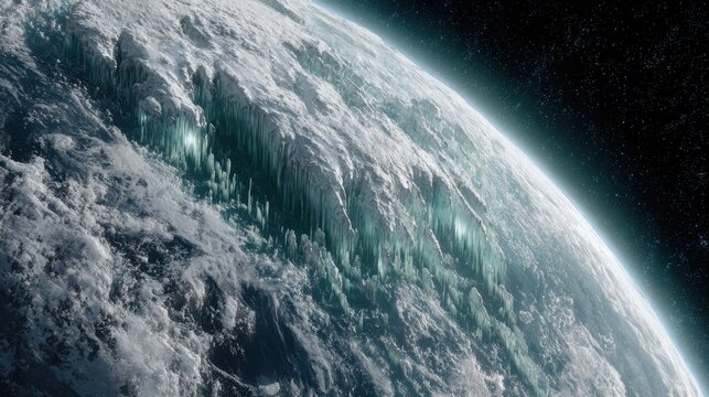 Detailed view of an icy planet with unique surface features, showcasing frozen landscapes and mysterious formations in space