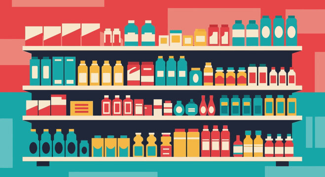 Grocery store aisle shelves filled with colorful canned goods, a vibrant and modern design perfect for retail or food-related projects, eye catching design