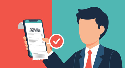 Successful online shopping experience with purchase confirmed on phone, man in suit with payment approval, symbolizing ease and efficiency of digital transactions