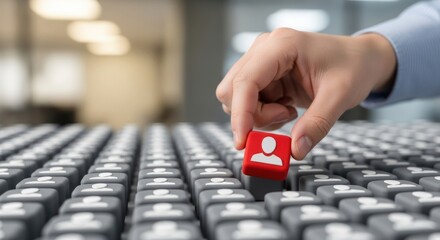 Hand selects one red user icon block from many gray ones.