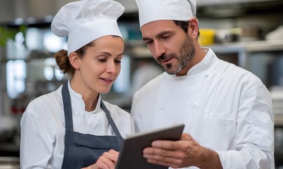 a two chefs, a female chef holding a tablet and explaining teh data on the tablet to a male chef, both are looking at the tablet in a restaurant kitchen
