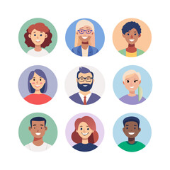 Set of diverse people avatars. Collection of multiracial male and female faces. Circle profile picture icons for social media or business team. Happy characters vector ... See More