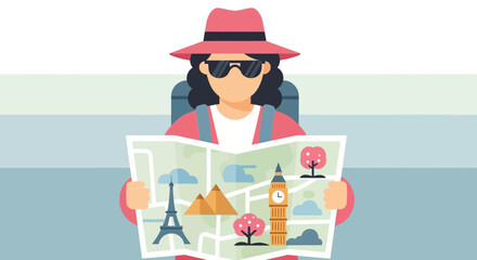 Adventurous traveler with a stylish hat planning a trip to iconic landmarks using a detailed map, perfect for travel blogs and destination guides