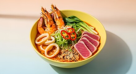 Delicious seafood noodle soup with shrimp squid and tuna