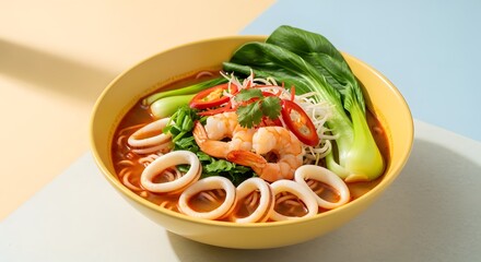 Delicious seafood noodle soup with shrimp and calamari