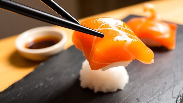 Generative AI exquisite salmon sushi presented with chopsticks.