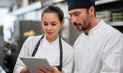 a two chefs, a female chef holding a tablet and explaining teh data on the tablet to a male chef, both are looking at the tablet in a restaurant kitchen
