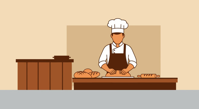 Baker skillfully kneading dough for artisan bread, handcrafted baking experience, culinary arts illustration, perfect for food blog or bakery promotion