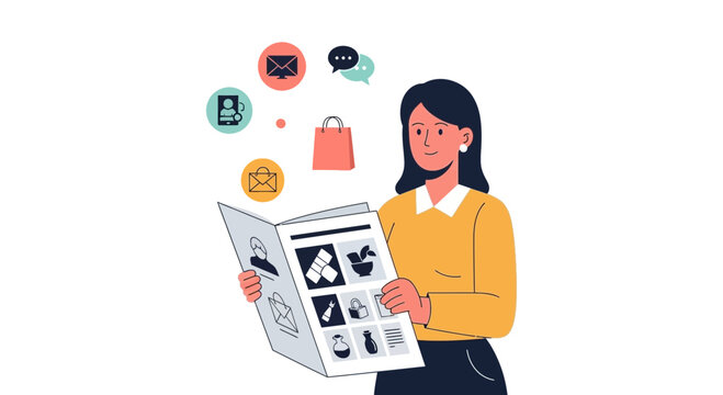 Stylish woman with catalog showcasing modern lifestyle products and services, inspiring ideas for home decor and fashion with convenient online communication tools