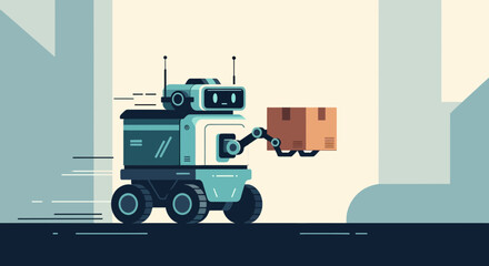 Obraz premium Modern delivery robot carrying package with speed, futuristic automation for e-commerce logistics, innovative technology for express shipment and distribution