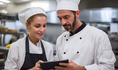 a two chefs, a female chef holding a tablet and explaining teh data on the tablet to a male chef, both are looking at the tablet in a restaurant kitchen
