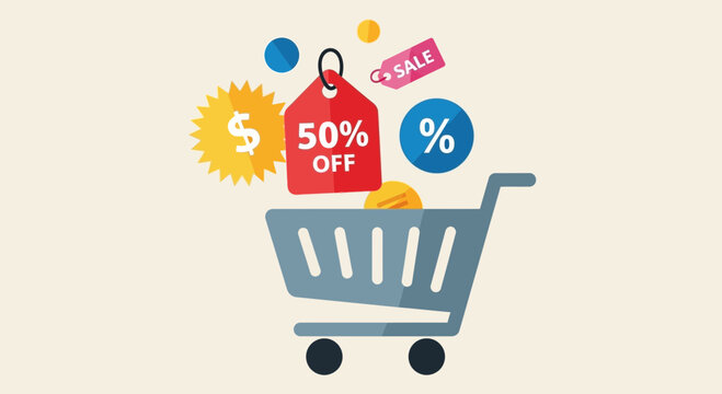 Grab these amazing deals now shopping cart with 50 percent off sale tag, perfect for retail ads, marketing campaigns, and attracting holiday shoppers