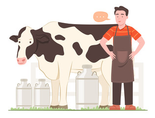 Dairy Farmer Man Worker Standing Near a Dairy Cow with Milk Cans in Farm for Dairy Cattle and Milking Cow Concept Illustration
