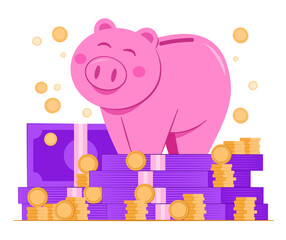 Piggy Bank Character Standing on Stack of Cash Money and Coins for Savings and Investment Concept Illustration