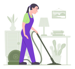 Janitor Woman Cleaning Room with Electric Vacuum Cleaner for Cleaning Service Occupation Concept Illustration