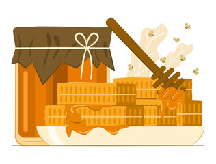 Honeycomb in Plate and Honey in Glass Jar with Honey Dipper for Natural Organic Healthy Food Concept Illustration