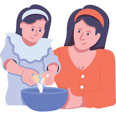 Mother and daughter baking together with eggs in a blue bowl wearing a light blue dress and orange top with headbands isolated on white
