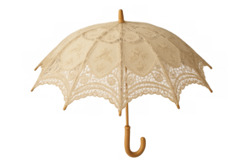 Vintage lace parasol displaying elegant intricate design and antique wooden handle on transparent background