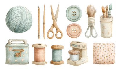 Cozy Watercolor Sewing and Knitting Tools Illustration for Craft Lovers