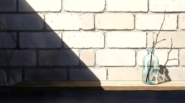 Minimalist Still Life with Branch in Glass Bottle Against Textured Brick Wall.