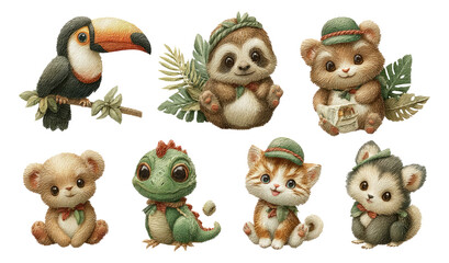 Obraz premium Hand-Drawn Tropical Critters Illustration Featuring Cute Animals and Vibrant Colors